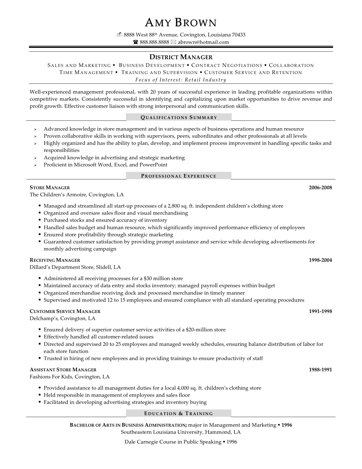 Store manager resume for luxury brand